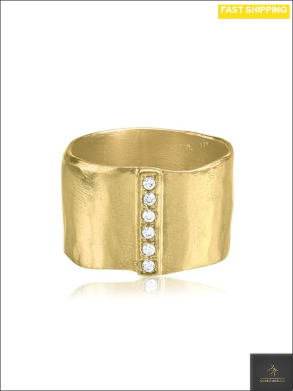 14K Gold Plated Sterling Silver Hammered Ring 0.18 TCW Cubic Zirconia